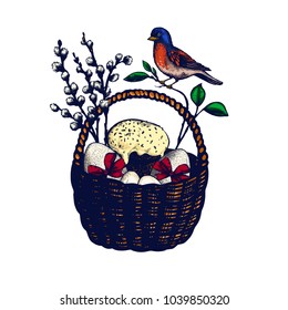 Easter symbols set card, hand drawn Isolated vector illustration. Eggs in a basket, rabbit, easter cake, willow branch, bird, easter eggs. Engraving