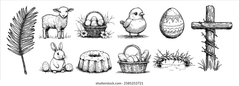 easter symbols set with cross, lamb, eggs and palm leaf vector doodle black sketch illustration