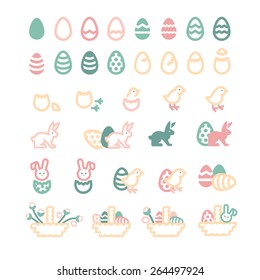 Easter Symbols Set. Eggs, Rabbits, Pussy-willow and Chicken Icons