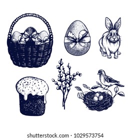 Easter symbols set, hand drawn Isolated vector illustration. Bunny in a basket, rabbit, easter cake, butterfly, hyacinth, willow branch, bird nest, easter eggs. Engraving