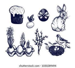 Easter symbols set, hand drawn Isolated vector illustration. Bunny in a basket, rabbit, easter cake, butterfly, hyacinth, willow branch, bird nest, easter eggs. Engraving