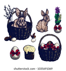 Easter symbols set, hand drawn Isolated vector illustration. Bunny in a basket, rabbit, easter cake, butterfly, hyacinth, willow branch, bird nest, easter eggs. Engraving