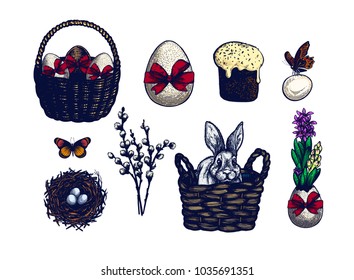 Easter symbols set, hand drawn Isolated vector illustration. Bunny in a basket, rabbit, easter cake, butterfly, hyacinth, willow branch, bird nest, easter eggs. Engraving