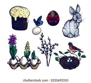 Easter symbols set, hand drawn Isolated vector illustration. Bunny in a basket, rabbit, easter cake, butterfly, hyacinth, willow branch, bird nest, easter eggs. Engraving