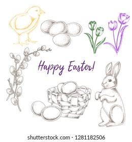 Easter symbols set, hand drawn isolated vector illustration. Rabbit, basket with eggs, vine flowers, chick, tulips, easter eggs.