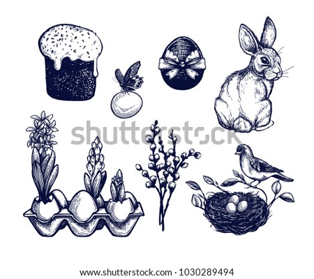 Easter symbols set, hand drawn Isolated vector illustration. Bunny in a basket, rabbit, easter cake, butterfly, hyacinth, willow branch, bird nest, easter eggs. Engraving