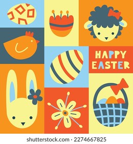 Easter symbols set poster. Springtime holiday objects colorful collection in retro style. Bunny, eggs, lamb, chicken, hunt basket, flowers illustration. Abstract minimalistic graphic modern flat.