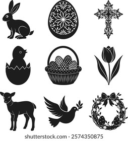 Easter Symbols Silhouette Set with Bunny, Eggs, Cross, and Flowers