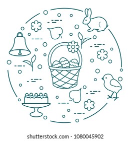 Easter symbols. Simnel cake, basket, eggs, bell, rabbit, chick, flowers, sprouts, leaves.