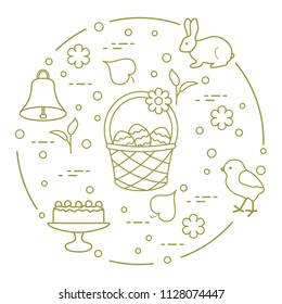 Easter symbols. Simnel cake, basket, eggs, bell, rabbit, chick, flowers, sprouts, leaves.