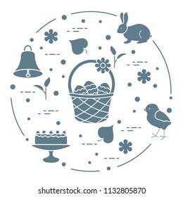 Easter symbols. Simnel cake, basket, eggs, bell, rabbit, chick, flowers, sprouts, leaves.