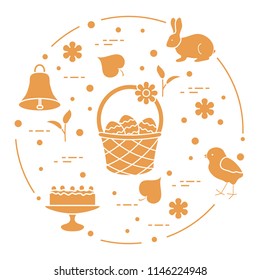 Easter symbols. Simnel cake, basket, eggs, bell, rabbit, chick, flowers, sprouts, leaves.