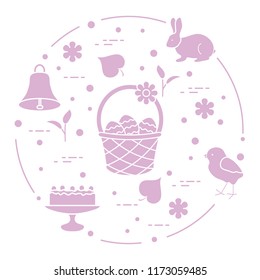 Easter symbols. Simnel cake, basket, eggs, bell, rabbit, chick, flowers, sprouts, leaves.
