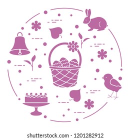 Easter symbols. Simnel cake, basket, eggs, bell, rabbit, chick, flowers, sprouts, leaves.