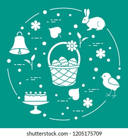 Easter symbols. Simnel cake, basket, eggs, bell, rabbit, chick, flowers, sprouts, leaves.
