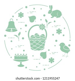 Easter symbols. Simnel cake, basket, eggs, bell, rabbit, chick, flowers, sprouts, leaves.
