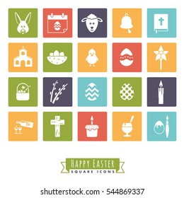 Easter Symbols Square Icon Set. Collection of 20 Happy Easter Icons in color squares