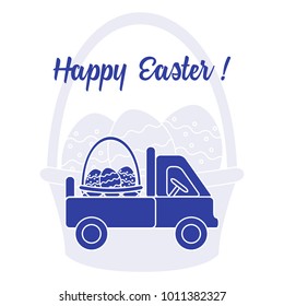 Easter symbols. Truck carrying a basket of decorated eggs on the background of a basket with an egg. Design for banner, poster or print.