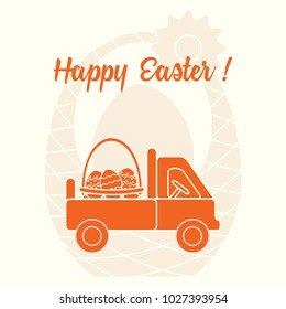 Easter symbols. Truck carrying a basket of decorated eggs on the background of a basket with an egg. Design for banner, poster or print.