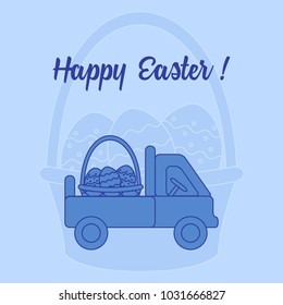 Easter symbols. Truck carrying a basket of decorated eggs on the background of a basket with an egg. Design for banner, poster or print.