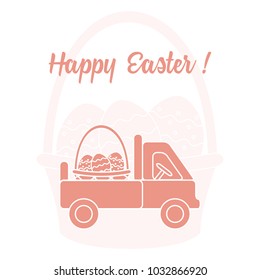 Easter symbols. Truck carrying a basket of decorated eggs on the background of a basket with an egg. Design for banner, poster or print.