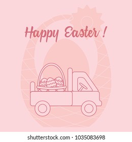 Easter symbols. Truck carrying a basket of decorated eggs on the background of a basket with an egg. Design for banner, poster or print.