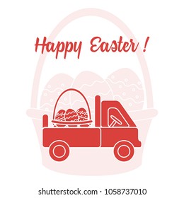 Easter symbols. Truck carrying a basket of decorated eggs on the background of a basket with an egg. Design for banner, poster or print.