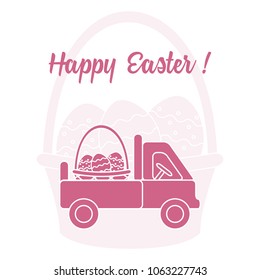 Easter symbols. Truck carrying a basket of decorated eggs on the background of a basket with an egg. Design for banner, poster or print.