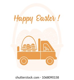 Easter symbols. Truck carrying a basket of decorated eggs on the background of a basket with an egg. Design for banner, poster or print.