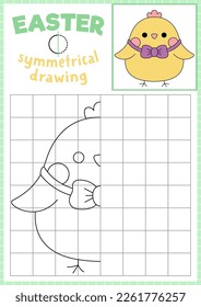 symmetrisches Osterblatt. Vervollständigen Sie das Hühnerbild. Vektor-Frühjahr-Feiertagspraktikum-Arbeitsblatt. Druckbare schwarz-weiße Aktivität für Vorschulkinder. Bild kopieren

