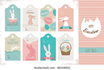 Easter tag collection with bunnies and colorful eggs. 