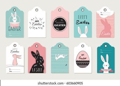 Easter tag collection with bunnies and Easter eggs. Happy Easter vector illustration