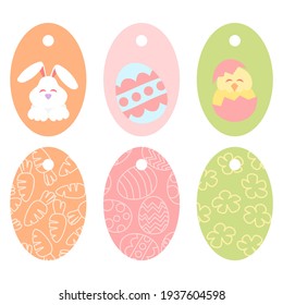 Easter tag with painted eggs, rabbit and chicken