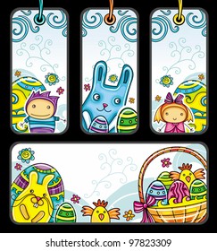 Easter tags and banner. Easter theme  tags/banners featuring cute girl and boy, Easter bunny, eggs and chicken, traditional  spring basket. Swirls and flowers on the background, place for your text.