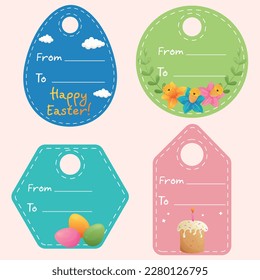 Easter tags for clothes from to with lines for text. Small cute simple minimalistic cards with flowers and leaves, colorful boiled eggs, easter cupcake with burning candle. Happy Easter Day