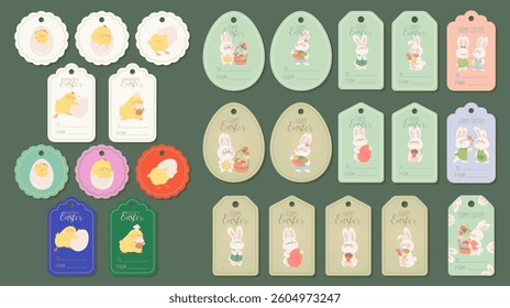 Easter tags with cute bunnies and chicks. Easter set of gift tags and price tags for spring holiday with rabbits, eggs, flowers. Vector illustration for tag, label, and badge with cartoon characters.