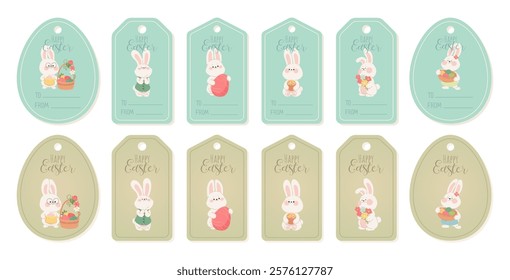 Easter tags with cute bunnies. Easter set of gift tags and price tags for spring holiday with rabbits, eggs, flowers. Vector illustration of templates for tag, label, and badge with cartoon characters