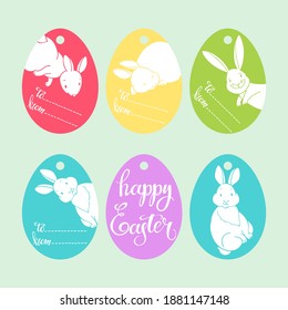 Easter tags with cute rabbits. Hand-drawn vector festive set. Six isolated pre-made objects for printing.