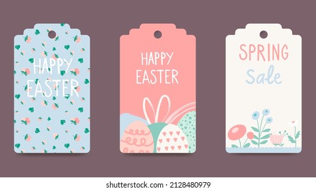 Easter tags, labels with cute banny. Trendy Easter design with typography, hand drawn strokes and eggs, bunny ears in pastel colors. Modern minimalist style. Vector illustration