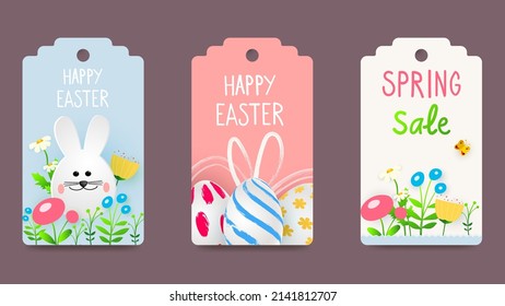 Etiquetas de Pascua, etiquetas con un lindo conejito. Diseño de moda de Pascua con tipografía, pinceladas a mano, flores y huevos, conejillos de colores pastel. Moderno estilo minimalista. Ilustración del vector