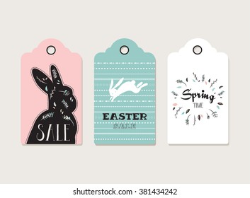 Easter tags, labels with cute bunny and flowers