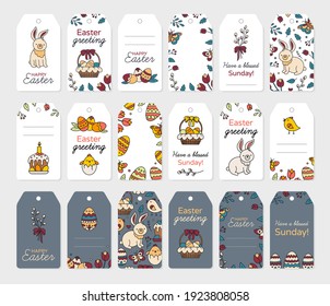 Easter tags and labels for gifts. Vector set of cards for printing. Vector concept with traditional elements, eggs, bunnies and chickens.