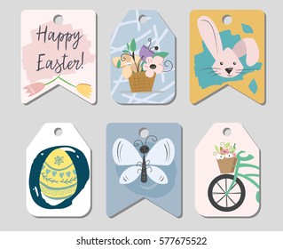 Easter tags set. 6 Six tags with Happy easter, rabbit, egg, bycicle and bird. 