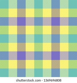 Easter Tartan plaid. Scottish pattern in yellow, violet and green cage. Scottish cage. Traditional Scottish checkered background. Seamless fabric texture. Vector illustration