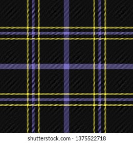 Easter Tartan plaid. Scottish pattern in black, yellow and violet cage. Scottish cage. Traditional Scottish checkered background. Seamless fabric texture. Vector illustration