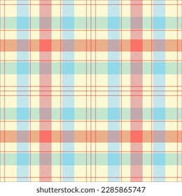 Easter tartan plaid. Scottish pattern in red, yellow and biue cage. Scottish cage. Traditional Scottish checkered background. Seamless fabric texture. Vector illustration