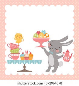 Easter tea party background with cute Easter rabbit.