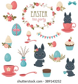 Easter tea party icons set. Isolated over white background. Beautiful vector clip-art. 