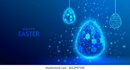 Easter technology hexagon eggs, greeting card banner background, futuristic ai holiday 3d vector