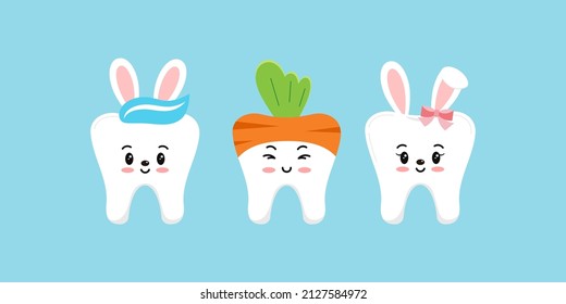 Easter teeth bunny rabbit and carrot dental icon set isolated. Dentist easter cute tooth kawaii character with bunny ears and tail and carrot top. Flat cartoon vector kids clip art illustration.